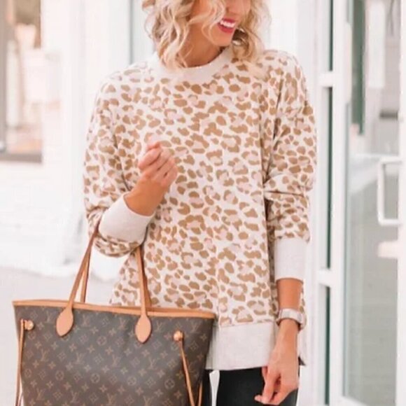 AERIE AMERICAN EAGLE Oversized Desert Sweatshirt Cream Tan Leopard Cheetah Tunic - Picture 1 of 16